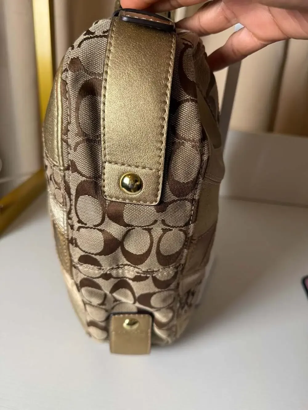 Coach Carly Signature Patchwork Gold Leather Shoulder Bag F14005